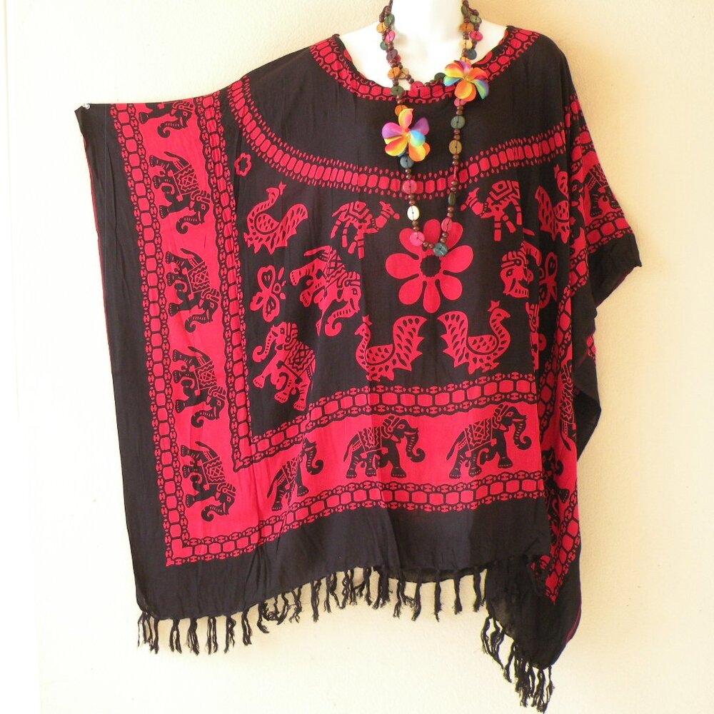 KB420 Elephant Batik Fringes Kaftan Sleeve Plus Tunic Women Blouse Top - S to 5X